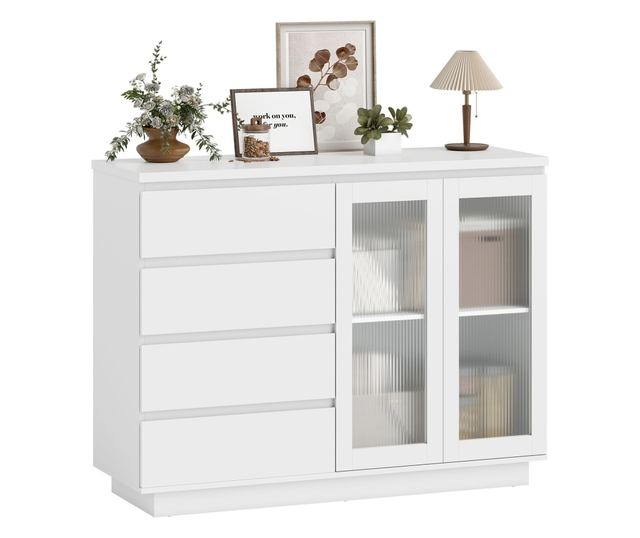 Fa tálalószekrény 4 fiókkal és üvegajtós szekrénnyel, állítható polcokkal, 120x40x91 cm, fehér