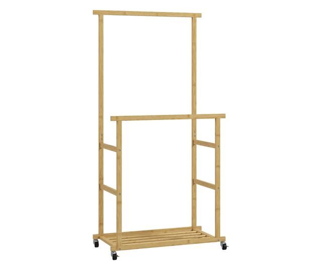 Bambusz ruhaállvány 2 rúddal, alsó polccal és 4 kerékkel, 80x40x160 cm, természetes fa
