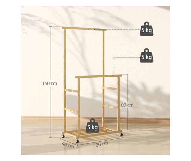 Bambusz ruhaállvány 2 rúddal, alsó polccal és 4 kerékkel, 80x40x160 cm, természetes fa