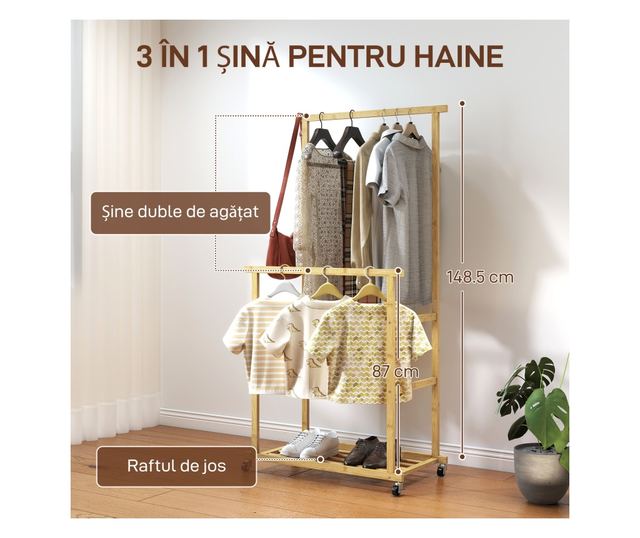 Bambusz ruhaállvány 2 rúddal, alsó polccal és 4 kerékkel, 80x40x160 cm, természetes fa