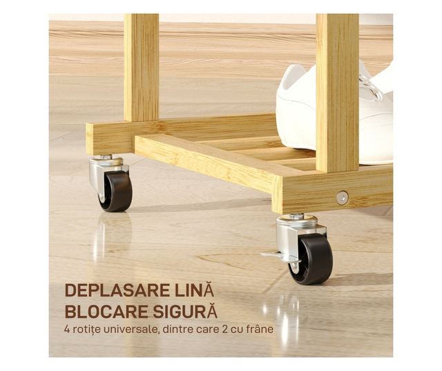 Bambusz ruhaállvány 2 rúddal, alsó polccal és 4 kerékkel, 80x40x160 cm, természetes fa