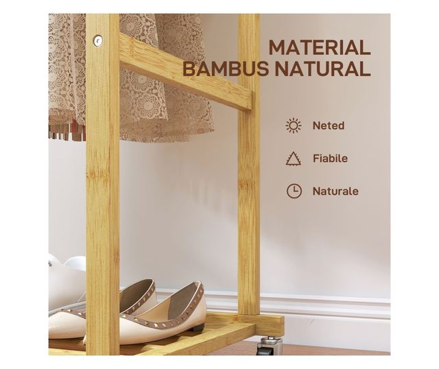Bambusz ruhaállvány 2 rúddal, alsó polccal és 4 kerékkel, 80x40x160 cm, természetes fa
