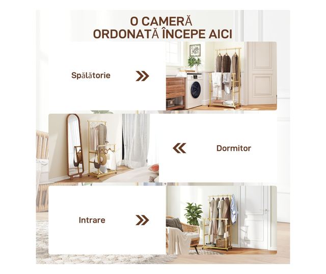 Bambusz ruhaállvány 2 rúddal, alsó polccal és 4 kerékkel, 80x40x160 cm, természetes fa