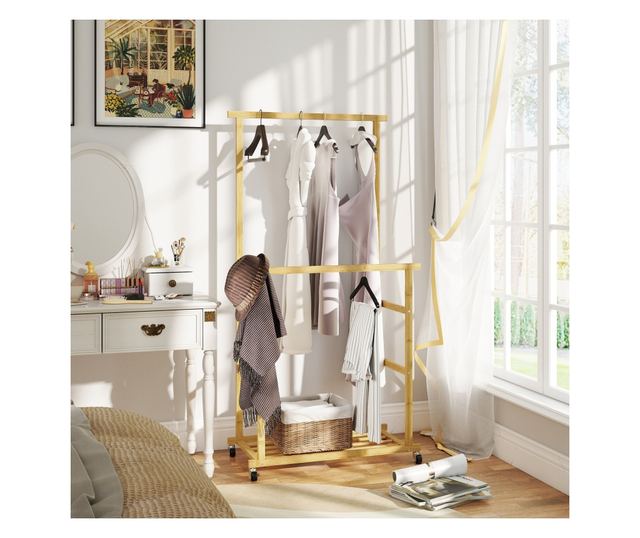 Bambusz ruhaállvány 2 rúddal, alsó polccal és 4 kerékkel, 80x40x160 cm, természetes fa