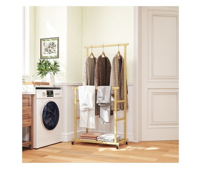 Bambusz ruhaállvány 2 rúddal, alsó polccal és 4 kerékkel, 80x40x160 cm, természetes fa