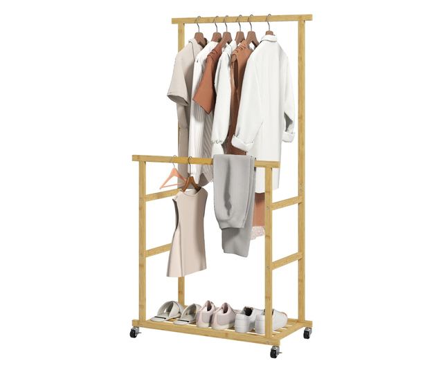 Bambusz ruhaállvány 2 rúddal, alsó polccal és 4 kerékkel, 80x40x160 cm, természetes fa