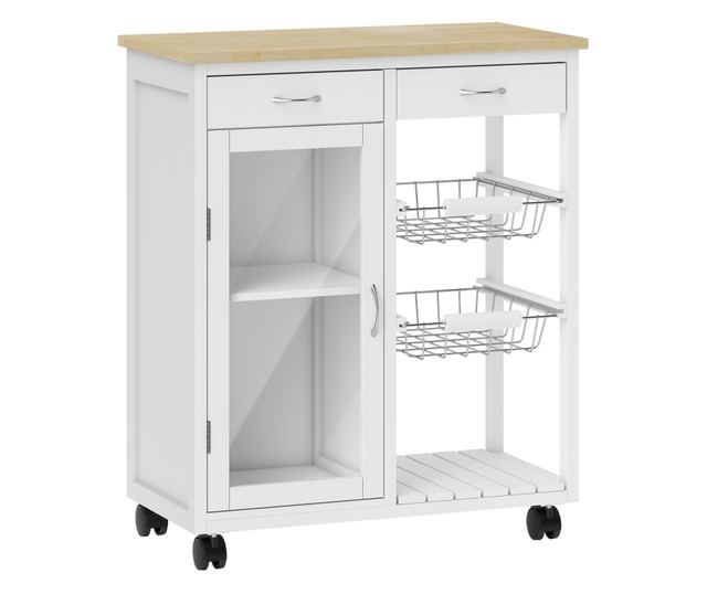 Bambusz konyhai kocsi 2 fiókkal, szekrénnyel, polccal és 2 acélkosárral, 67x35x80 cm, fehér