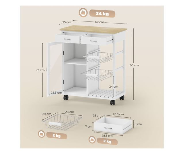 Bambusz konyhai kocsi 2 fiókkal, szekrénnyel, polccal és 2 acélkosárral, 67x35x80 cm, fehér