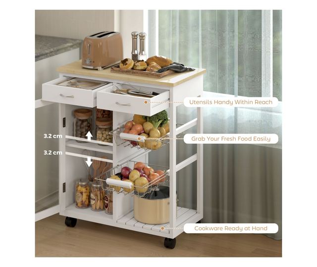 Bambusz konyhai kocsi 2 fiókkal, szekrénnyel, polccal és 2 acélkosárral, 67x35x80 cm, fehér