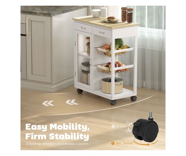 Bambusz konyhai kocsi 2 fiókkal, szekrénnyel, polccal és 2 acélkosárral, 67x35x80 cm, fehér