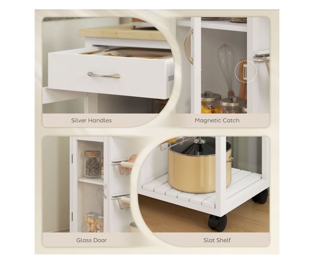 Bambusz konyhai kocsi 2 fiókkal, szekrénnyel, polccal és 2 acélkosárral, 67x35x80 cm, fehér