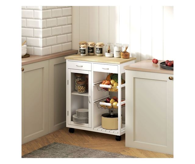 Bambusz konyhai kocsi 2 fiókkal, szekrénnyel, polccal és 2 acélkosárral, 67x35x80 cm, fehér