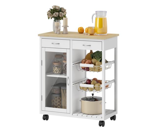 Bambusz konyhai kocsi 2 fiókkal, szekrénnyel, polccal és 2 acélkosárral, 67x35x80 cm, fehér