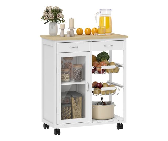 Bambusz konyhai kocsi 2 fiókkal, szekrénnyel, polccal és 2 acélkosárral, 67x35x80 cm, fehér