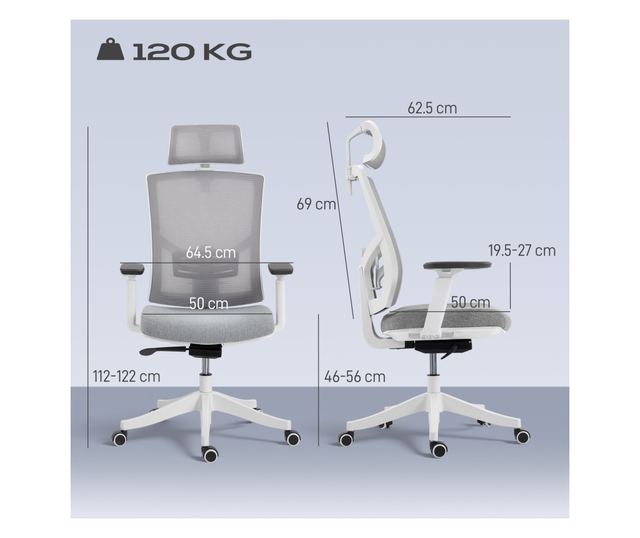 Ergonomikus és légáteresztő irodai szék 4D dinamikus deréktámasszal, 64,5x62,5x112-122 cm, többszínű