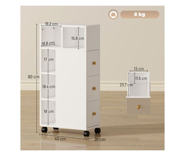 Helytakarékos fürdőszobaszekrény kerekekkel, 3 fiókkal és 5 állítható polccal, 20x40x80 cm, fehér