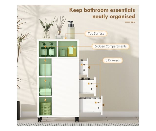 Helytakarékos fürdőszobaszekrény kerekekkel, 3 fiókkal és 5 állítható polccal, 20x40x80 cm, fehér