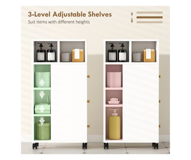 Helytakarékos fürdőszobaszekrény kerekekkel, 3 fiókkal és 5 állítható polccal, 20x40x80 cm, fehér