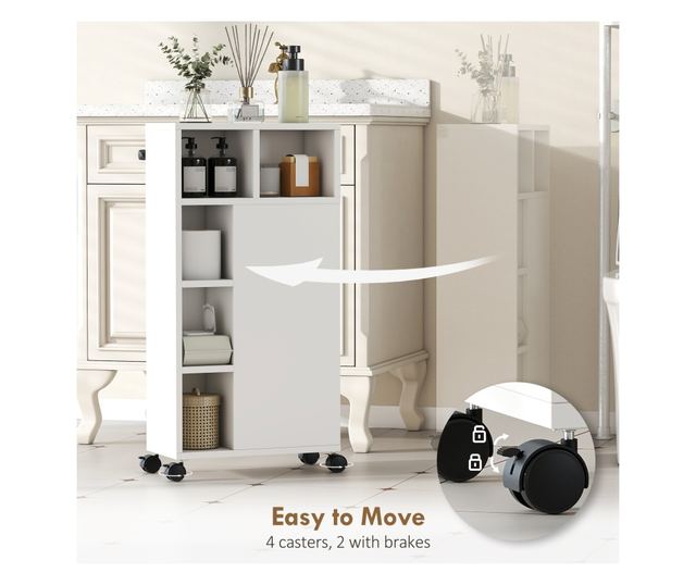 Helytakarékos fürdőszobaszekrény kerekekkel, 3 fiókkal és 5 állítható polccal, 20x40x80 cm, fehér