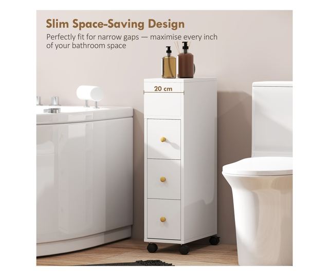 Helytakarékos fürdőszobaszekrény kerekekkel, 3 fiókkal és 5 állítható polccal, 20x40x80 cm, fehér