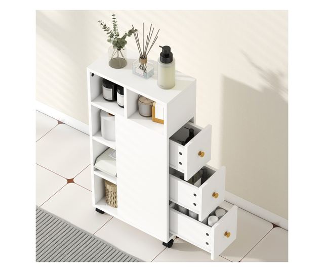 Helytakarékos fürdőszobaszekrény kerekekkel, 3 fiókkal és 5 állítható polccal, 20x40x80 cm, fehér