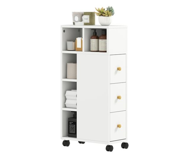 Helytakarékos fürdőszobaszekrény kerekekkel, 3 fiókkal és 5 állítható polccal, 20x40x80 cm, fehér