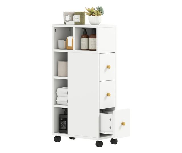 Helytakarékos fürdőszobaszekrény kerekekkel, 3 fiókkal és 5 állítható polccal, 20x40x80 cm, fehér