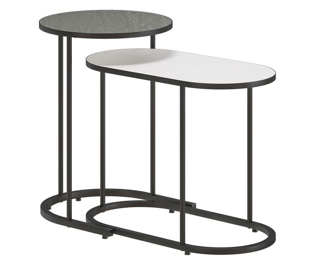 2 db egymásra rakható dohányzóasztal szett fém vázzal nappaliba és irodába, szürke és fehér