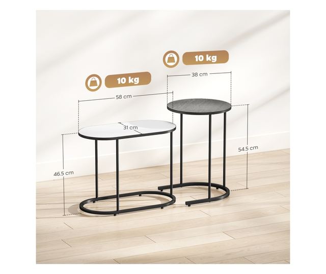 2 db egymásra rakható dohányzóasztal szett fém vázzal nappaliba és irodába, szürke és fehér