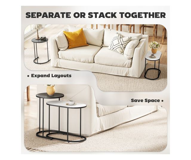 2 db egymásra rakható dohányzóasztal szett fém vázzal nappaliba és irodába, szürke és fehér