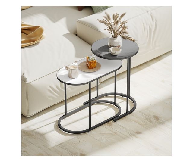 2 db egymásra rakható dohányzóasztal szett fém vázzal nappaliba és irodába, szürke és fehér