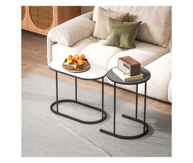 2 db egymásra rakható dohányzóasztal szett fém vázzal nappaliba és irodába, szürke és fehér