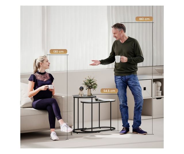 2 db egymásra rakható dohányzóasztal szett fém vázzal nappaliba és irodába, szürke és fehér