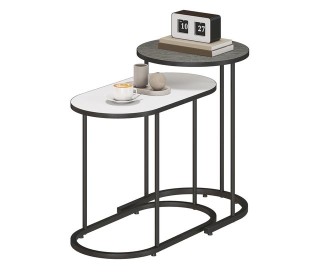 2 db egymásra rakható dohányzóasztal szett fém vázzal nappaliba és irodába, szürke és fehér