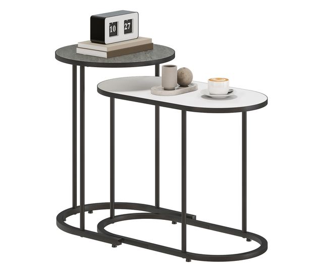 2 db egymásra rakható dohányzóasztal szett fém vázzal nappaliba és irodába, szürke és fehér