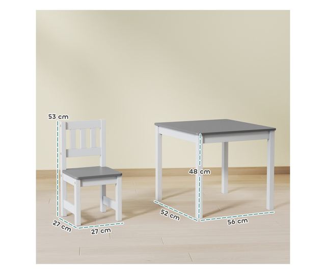 Gyerek asztal és szék szett 3-8 év Szürke és Fehér Fa