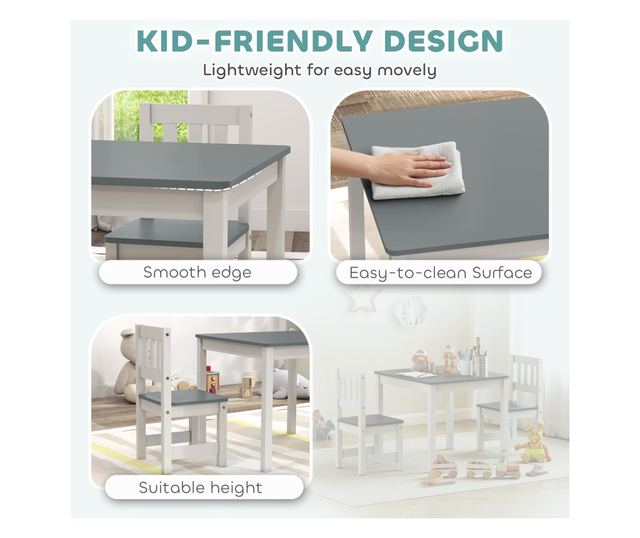 Gyerek asztal és szék szett 3-8 év Szürke és Fehér Fa
