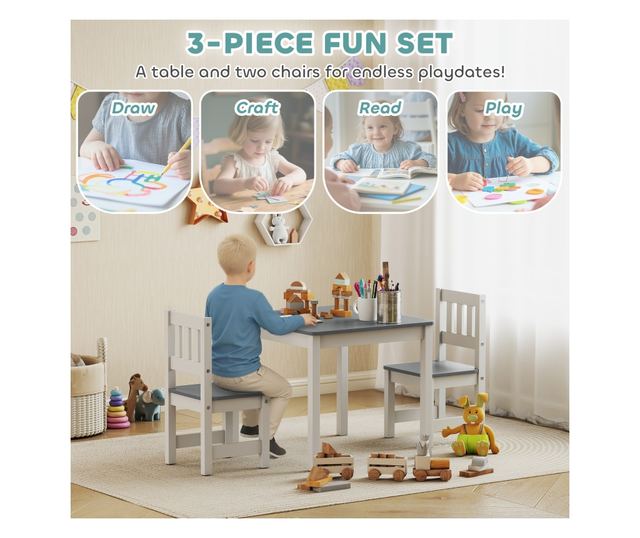 Gyerek asztal és szék szett 3-8 év Szürke és Fehér Fa