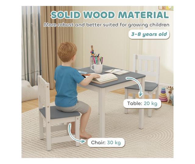 Gyerek asztal és szék szett 3-8 év Szürke és Fehér Fa