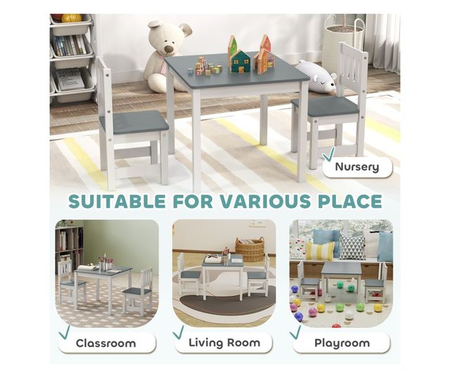 Gyerek asztal és szék szett 3-8 év Szürke és Fehér Fa