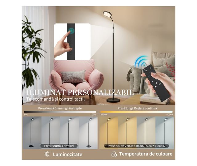 LED Állólámpa Távirányítóval, Forgatható Fejjel, Fényerő- és Hőmérséklet-szabályozással, Fekete
