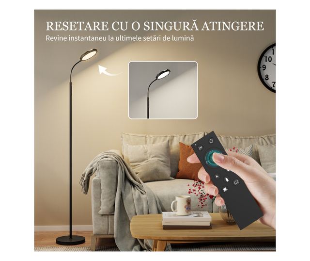 LED Állólámpa Távirányítóval, Forgatható Fejjel, Fényerő- és Hőmérséklet-szabályozással, Fekete