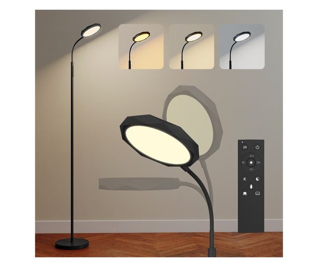 LED Állólámpa Távirányítóval, Forgatható Fejjel, Fényerő- és Hőmérséklet-szabályozással, Fekete