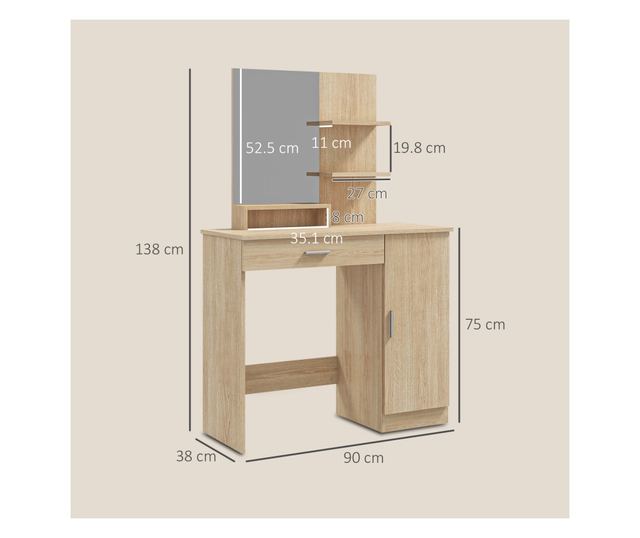 Sminkasztal szekrénnyel, fiókkal, polcokkal és tükörrel, természetes fa