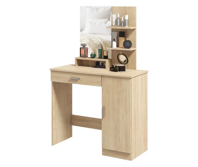 Sminkasztal szekrénnyel, fiókkal, polcokkal és tükörrel, természetes fa