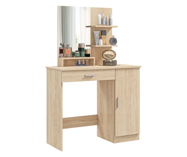 Sminkasztal szekrénnyel, fiókkal, polcokkal és tükörrel, természetes fa