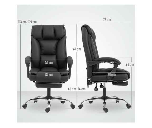 Dönthető irodai szék lábtartóval, dupla párnázással és műbőr kárpitozással, fekete