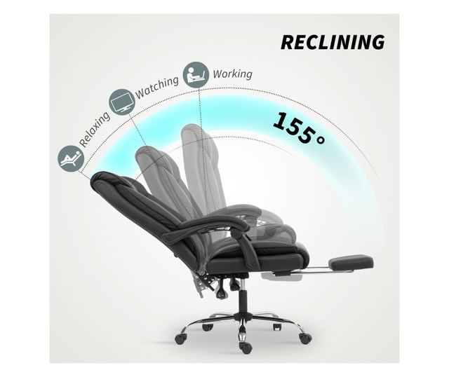 Dönthető irodai szék lábtartóval, dupla párnázással és műbőr kárpitozással, fekete