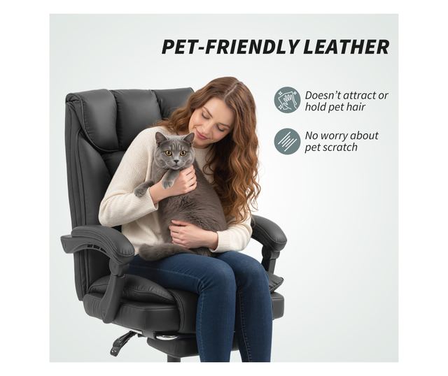 Dönthető irodai szék lábtartóval, dupla párnázással és műbőr kárpitozással, fekete