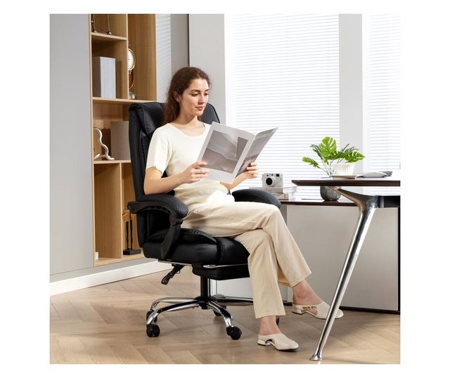 Dönthető irodai szék lábtartóval, dupla párnázással és műbőr kárpitozással, fekete